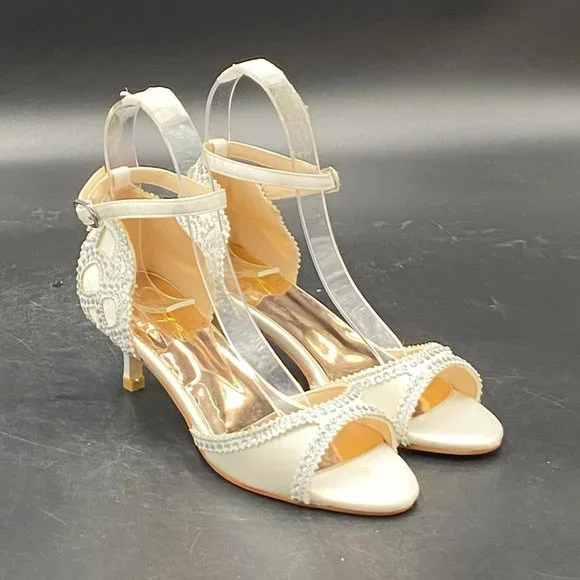 XYD white rhinestone peep toe kitten low heels slip on ankle strap sandals shoes - Picture 4 of 8